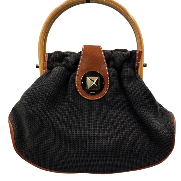kate spade Handbags - Kate Spade New York‎ Black Woven Leather Trimmed Bamboo Handle Drawstring Bag